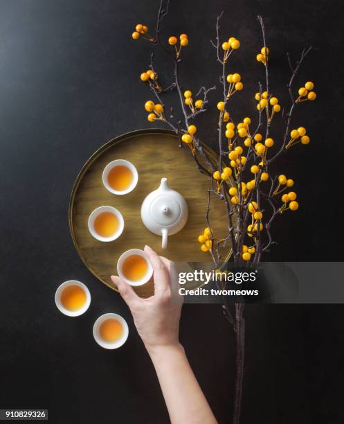 flat lay chinese afternoon tea with mooncake. - cup of tea from above stock pictures, royalty-free photos & images