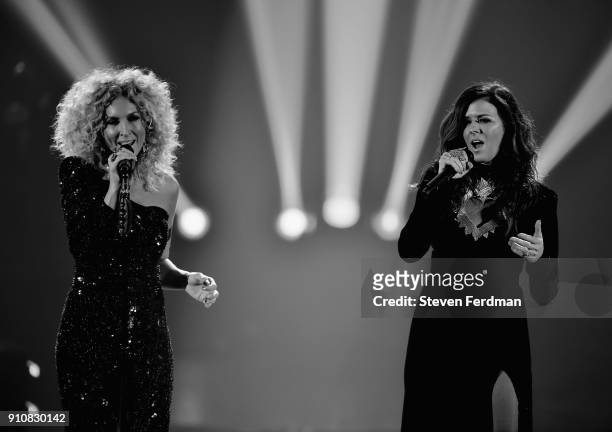 Recording artists Kimberly Schlapman and Karen Fairchild of music group Little Big Town perform onstage during MusiCares Person of the Year honoring...