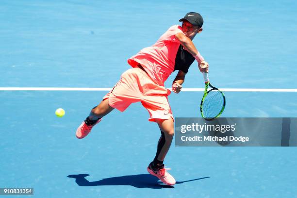 Chun Hsin Tseng of Chinese Taipei plays a forehand in his Junior Boys' Singles Final against Sebastian Korda of the United States during the...