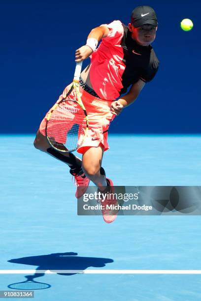 Chun Hsin Tseng of Chinese Taipei plays a forehand smash in his Junior Boys' Singles Final against Sebastian Korda of the United States during the...