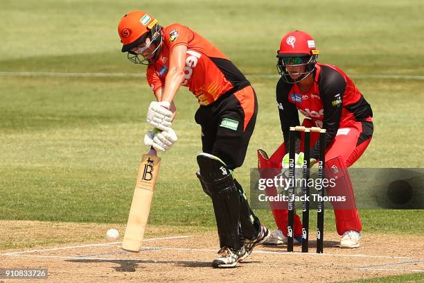 Lauren Ebsary of the Scorchers plays a shot during the Women's Big Bash League match between the Melbourne Renegades and the Perth Scorchers at...