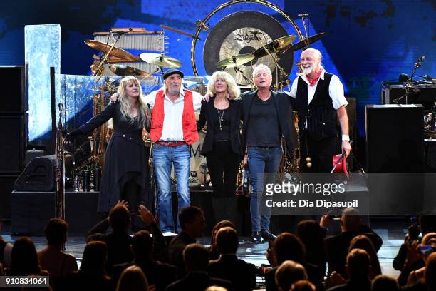 Honorees Stevie Nicks, John McVie, Christine McVie, Lindsey Buckingham and Mick Fleetwood of Fleetwood Mac seen onstage during MusiCares Person of...