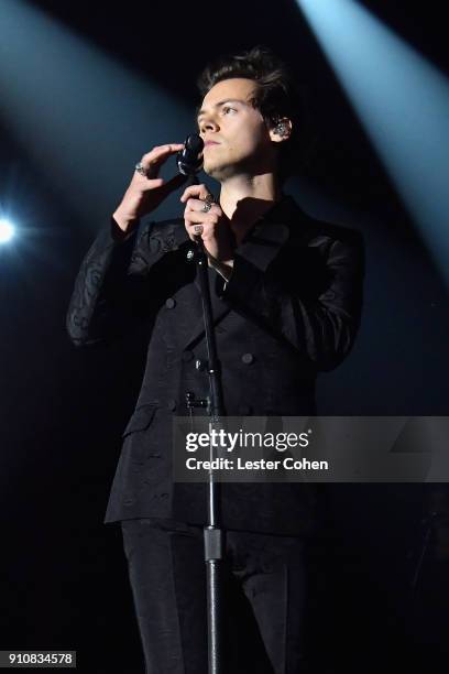 Musician Harry Styles performs onstage during MusiCares Person of the Year honoring Fleetwood Mac at Radio City Music Hall on January 26, 2018 in New...