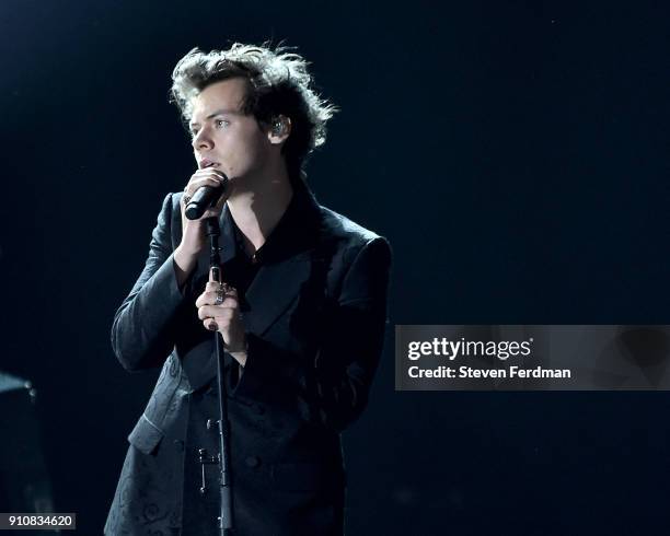 Singer Harry Styles performs onstage during MusiCares Person of the Year honoring Fleetwood Mac at Radio City Music Hall on January 26, 2018 in New...