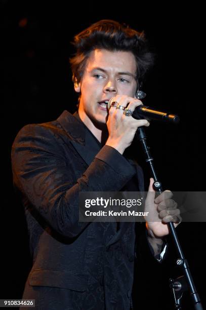 Musician Harry Styles performs onstage at MusiCares Person of the Year honoring Fleetwood Mac at Radio City Music Hall on January 26, 2018 in New...