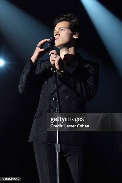 Musician Harry Styles performs onstage at MusiCares Person of the Year honoring Fleetwood Mac at Radio City Music Hall on January 26, 2018 in New...