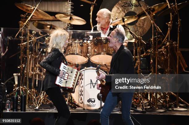 Honorees Christine McVie, Lindsey Buckingham, and Mick Fleetwood of music group Fleetwood Mac perform onstage during MusiCares Person of the Year...