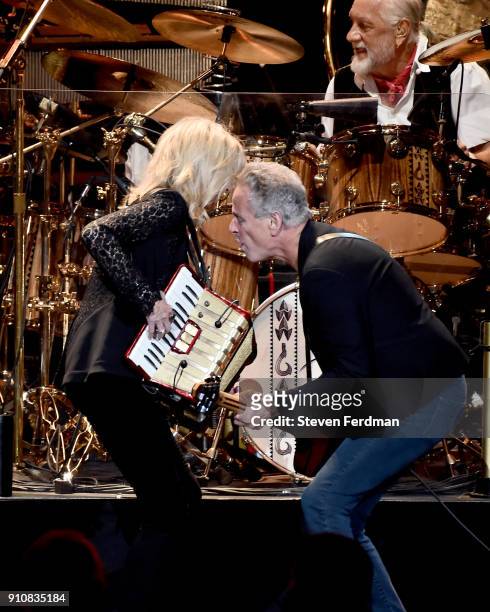 Honorees Christine McVie, Lindsey Buckingham, and Mick Fleetwood of music group Fleetwood Mac perform onstage during MusiCares Person of the Year...