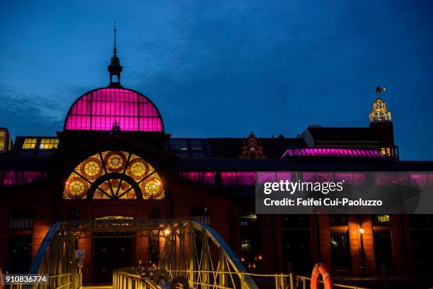 night view on fischmarkt markets, hamburg, germany - fischmarkt hamburg foto e immagini stock