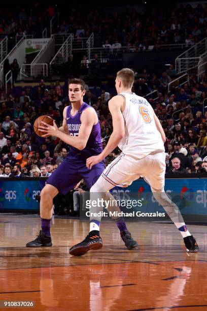Alec Peters of the Phoenix Suns handles the ball against the New York Knicks on January 26, 2018 at Talking Stick Resort Arena in Phoenix, Arizona....