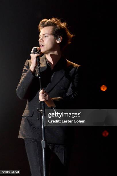 Musician Harry Styles performs onstage at MusiCares Person of the Year honoring Fleetwood Mac at Radio City Music Hall on January 26, 2018 in New...