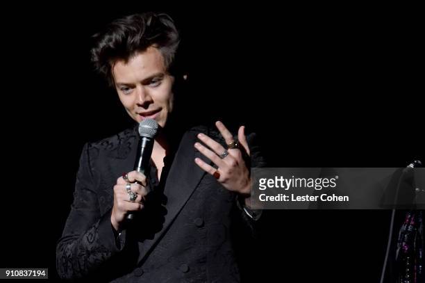 Musician Harry Styles performs onstage at MusiCares Person of the Year honoring Fleetwood Mac at Radio City Music Hall on January 26, 2018 in New...