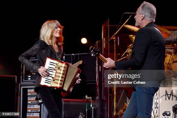 Honorees Christine McVie and Lindsey Buckingham of Fleetwood Mac perform onstage during MusiCares Person of the Year honoring Fleetwood Mac at Radio...