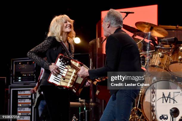 Honorees Christine McVie and Lindsey Buckingham of Fleetwood Mac perform onstage during MusiCares Person of the Year honoring Fleetwood Mac at Radio...