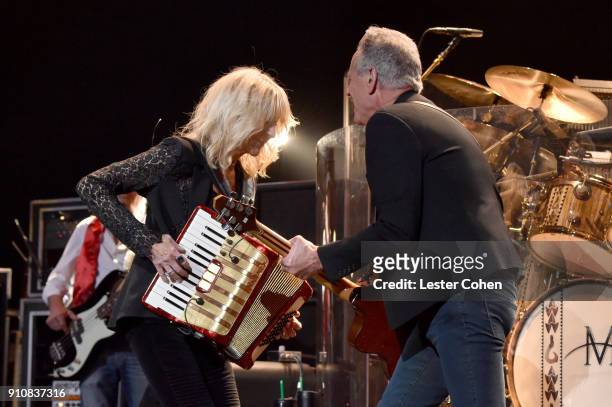 Honorees Christine McVie and Lindsey Buckingham of Fleetwood Mac perform onstage during MusiCares Person of the Year honoring Fleetwood Mac at Radio...