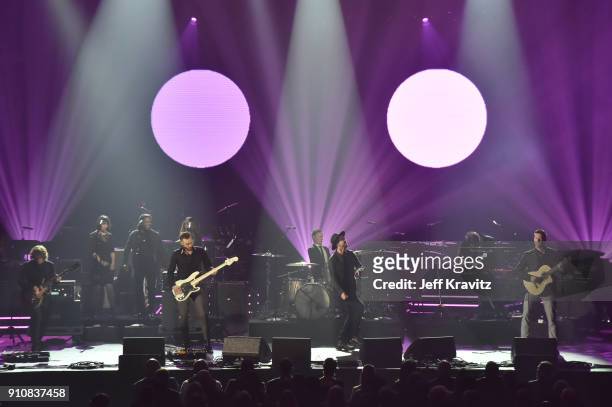 Recording artists Drew Brown, Brent Kutzle, Eddie Fisher, Ryan Tedder, and Zach Filkins of OneRepublic perform onstage during MusiCares Person of the...
