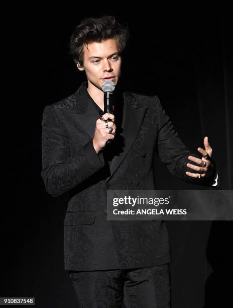 Musician/actor Harry Styles performs at the 2018 MusiCares Person Of The Year gala at Radio City Music Hall in New York on January 26, 2018. The 2018...