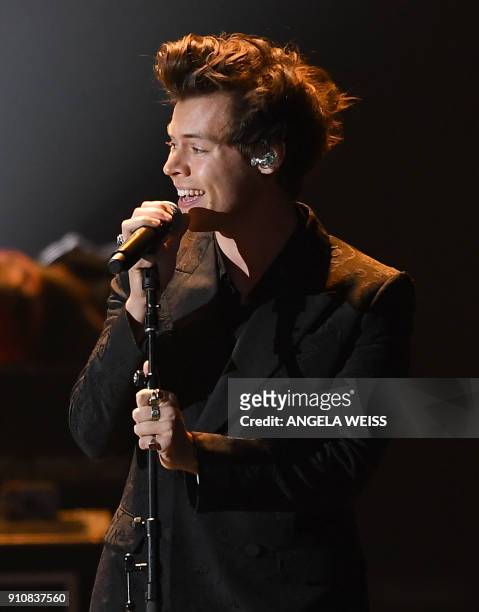 Musician/actor Harry Styles performs at the 2018 MusiCares Person Of The Year gala at Radio City Music Hall in New York on January 26, 2018. The 2018...