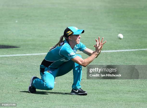 Kirby Short of the Heat takes the catch to dismiss Nicola Carey of the Thunder during the Women's Big Bash League match between the Brisbane Heat and...
