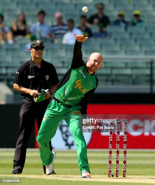 Stars Ben Dunk bowls during the Big Bash League match between the Melbourne Stars and and the Hobart Hurricanes at Melbourne Cricket Ground on...