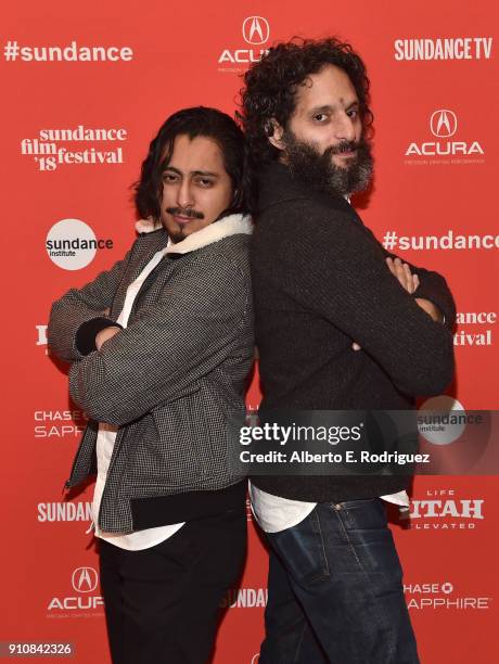Actors Tony Revolori and Jason Mantzoukas attend the premiere of "The Long Dumb Road" during the Sundance Film Festival at The Eccles Center Theatre...