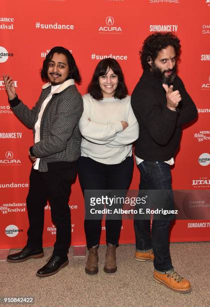 Actor Tony Revolori, director/screenwriter Hannah Fidell and actor Jason Mantzoukas attend the premiere of "The Long Dumb Road" during the Sundance...