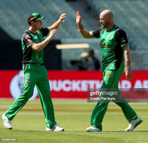 Stars John Hastings celebrates with teammates after dismissing Hurricanes Matthew Wade during the Big Bash League match between the Melbourne Stars...