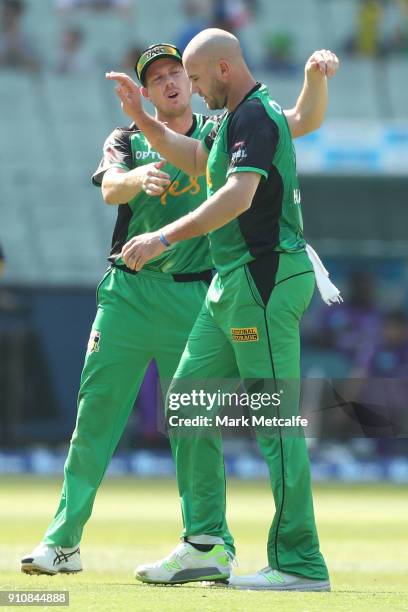 John Hastings of the Stars celebrates taking the wicket of Matthew Wade of the Hurricanes during the Big Bash League match between the Melbourne...