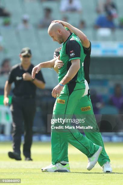John Hastings of the Stars celebrates taking the wicket of Matthew Wade of the Hurricanes during the Big Bash League match between the Melbourne...