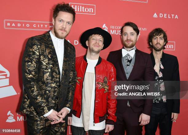 Dan Reynolds, Ben McKee, Daniel Platzman, and Wayne Sermon of the band Imagine Dragons arrives for the 2018 MusiCares Person Of The Year gala at...