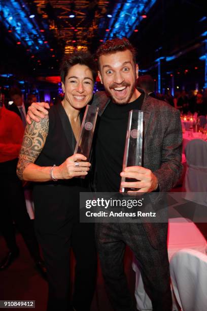 Dunja Hayali and award winner Edin Hasanovic attend the German Television Award at Palladium on January 26, 2018 in Cologne, Germany.