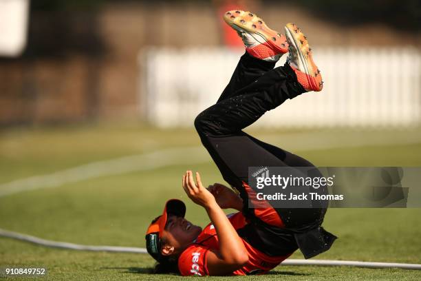Thamsyn Newton of the Scorchers attempts to stop the ball from hitting the boundary line during the Women's Big Bash League match between the...