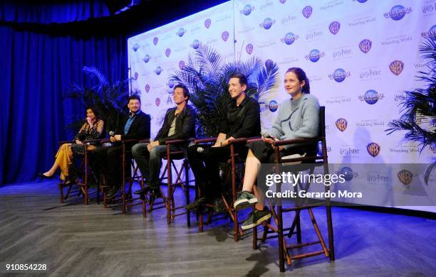 Natalia Tena, Stanislav Yanevski, James Phelps, Oliver Phelps and Bonnie Wright laugh during a Q&A session at the annual 'A Celebration of Harry...