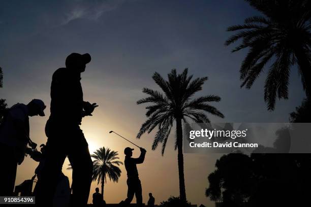 Henrik Stenson of Sweden plays his tee shot on the par 4,14th hole during the completion of the second round of the Omega Dubai Desert Classic on the...