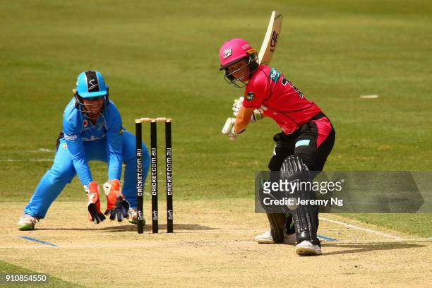 Alyssa Healy of the Sixers plays a shot during the Women's Big Bash League match between the Adelaide Strikers and the Sydney Sixers at Hurstville...
