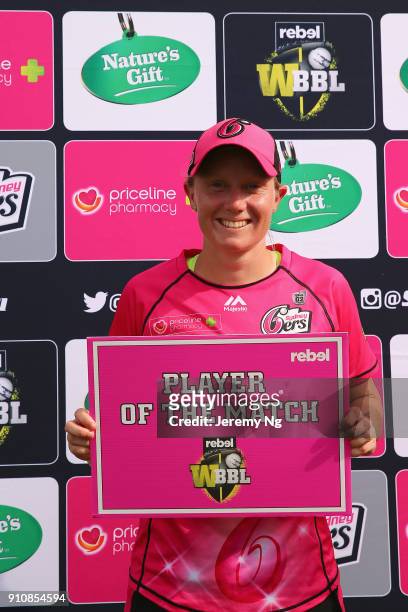 Player of the match Alyssa Healy of the Sixers poses for a photo after the Women's Big Bash League match between the Adelaide Strikers and the Sydney...