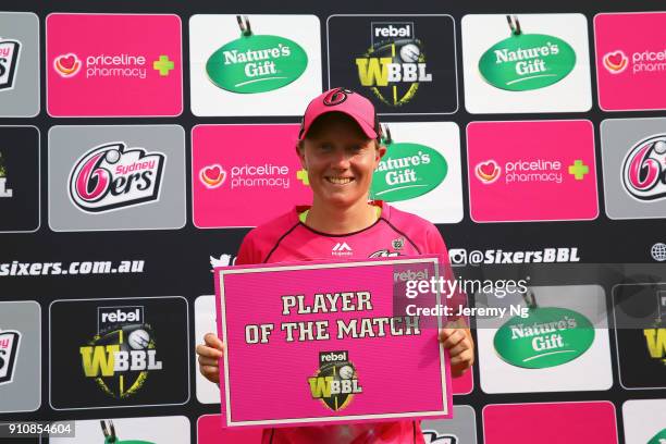 Player of the match Alyssa Healy of the Sixers poses for a photo after the Women's Big Bash League match between the Adelaide Strikers and the Sydney...