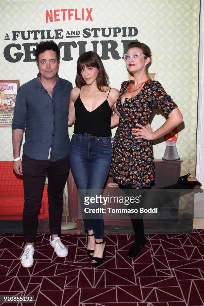 Jon Daly, Jackie Tohn and Elvy Yost attend the cast and crew screening of "A Futile And Stupid Gesture" hosted by EW and Netflix at The London West...