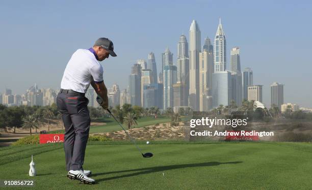 David Hiorsey of England hits his tee-shot on the eighth hole during the completion of the second round of the Omega Dubai Desert Classic at Emirates...