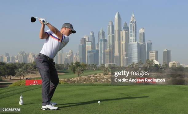 David Hiorsey of England hits his tee-shot on the eighth hole during the completion of the second round of the Omega Dubai Desert Classic at Emirates...