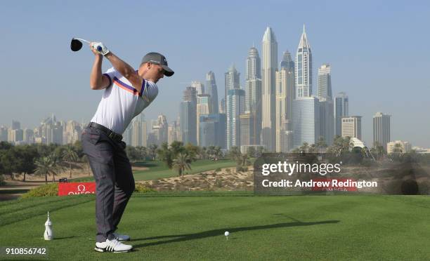 David Hiorsey of England hits his tee-shot on the eighth hole during the completion of the second round of the Omega Dubai Desert Classic at Emirates...