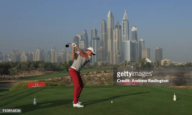 Alexander Bjork of Sweden hits his tee-shot on the eighth hole during the completion of the second round of the Omega Dubai Desert Classic at...