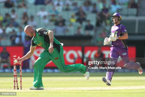 John Hastings of the Stars runs out Nathan Reardon of the Hurricanes during the Big Bash League match between the Melbourne Stars and and the Hobart...