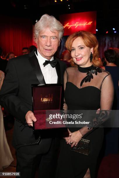 Juergen Prochnow and his wife Verena Prochnow Wengler with award during the Semper Opera Ball 2018 at Semperoper on January 26, 2018 in Dresden,...