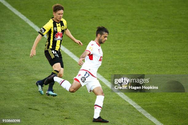 Nikola Mileusnic of Adelaide United looks to pass under pressure from Michael McGlinchey of the Phoenix during the round 18 A-League match between...