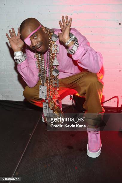 Slick Rick poses onstage at Def Jam's Pre-GRAMMY Celebration Presented by Patron Tequila with Parajumpers, Puma, Saucey and Heineken at the Garage on...