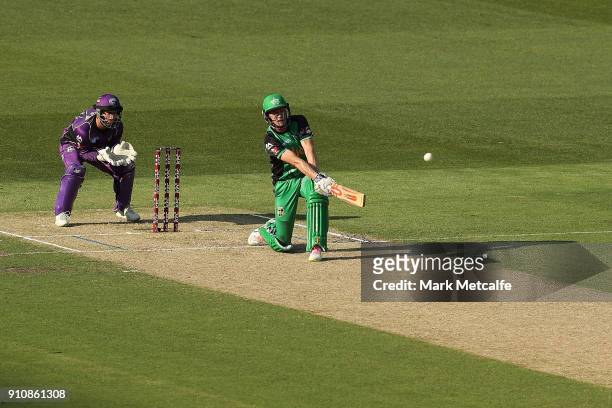 James Faulkner of the Stars hits a six during the Big Bash League match between the Melbourne Stars and and the Hobart Hurricanes at Melbourne...