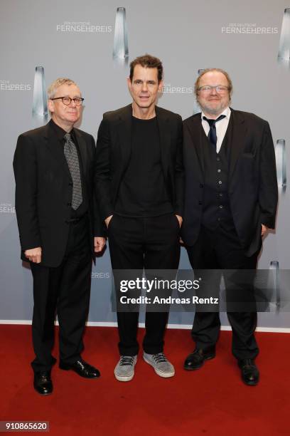 The producers of 'Babylon Berlin' Gebhard Henke, Tom Tykwer and Stefan Arndt attend the German Television Award at Palladium on January 26, 2018 in...