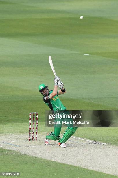 Kevin Pietersen of the Stars hits a six during the Big Bash League match between the Melbourne Stars and and the Hobart Hurricanes at Melbourne...