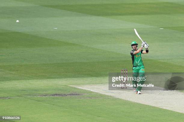 Kevin Pietersen of the Stars hits a six during the Big Bash League match between the Melbourne Stars and and the Hobart Hurricanes at Melbourne...